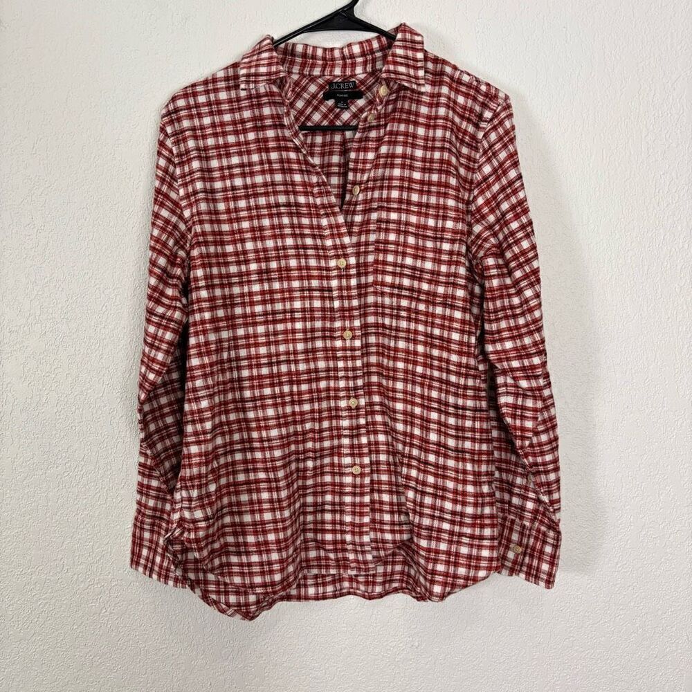 J. Crew‎ Red & White Plaid Classic Fit Collared Button Up Flannel Top Size 6